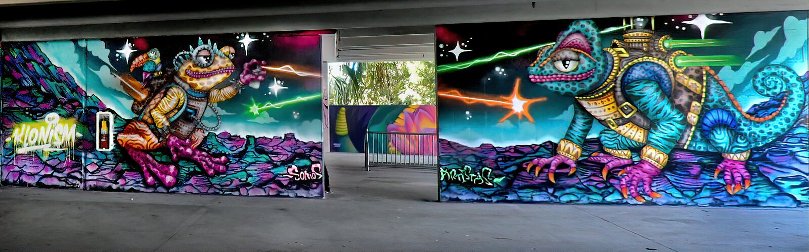 The striking artwork of international muralist Jake Klone (aka Klonism) spreads across two walls in the Grassroots Kava House parking garage in Seminole Heights.