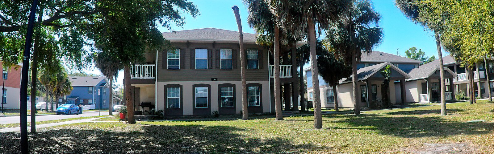 The College Hill walking tour reaches the Belmont Heights Estates apartment complex,  built in 2005 to replace College Hill Homes, which was built in 1964.