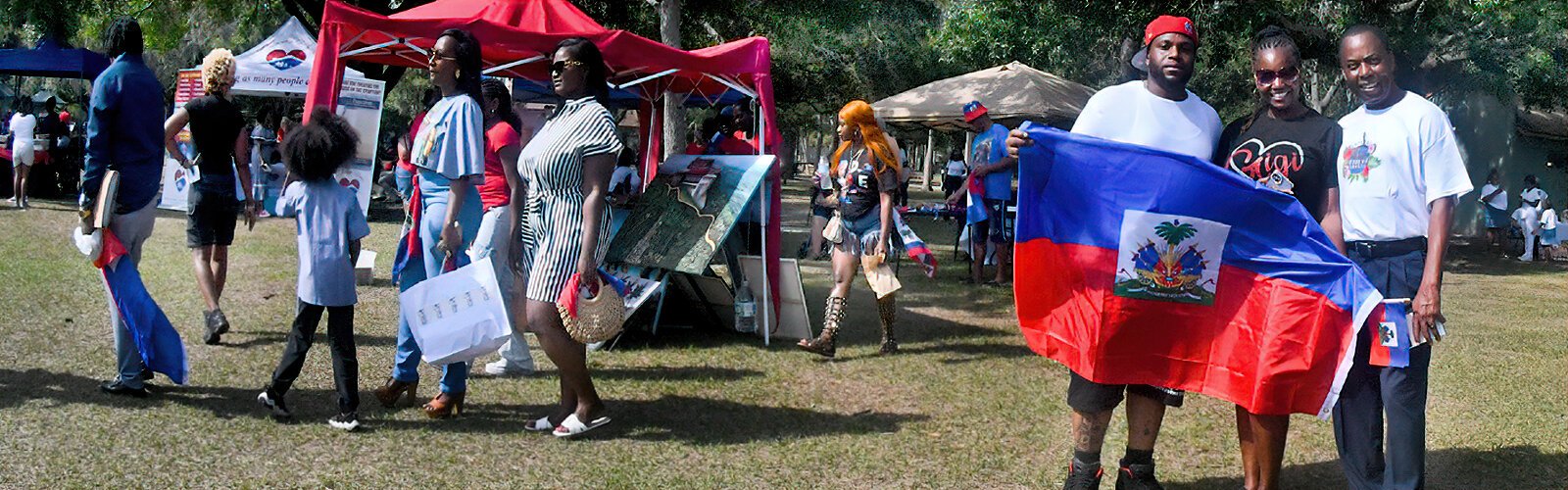 Filled with Haitian pride, Gina poses with her nephew Borno-Jean, and her brother-in-law Pierre-Lamy at the Tampa Bay Haitian Flag Day festival.
