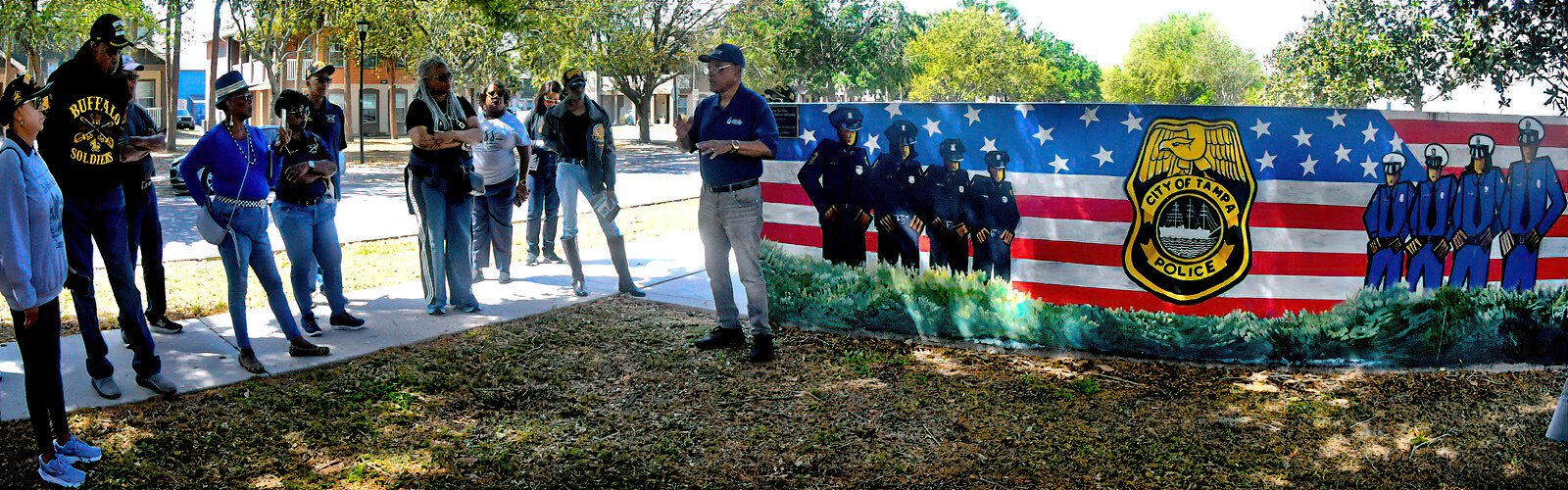This “Black Foot Patrol Officers” mural by artist James Vann honors the Black police officers of the 40s and 50s and the Fearless Four who took on discrimination 50 years ago and won.