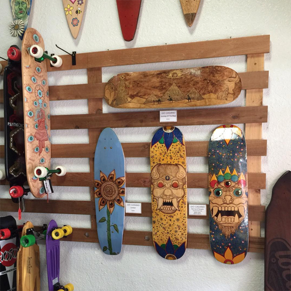 Wood burned skateboards by Giovanni Casiano at Flash Point Pyrography.