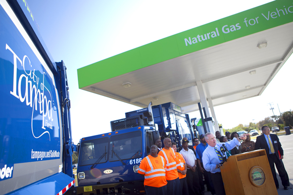 Mayor Buckhorn introduces Tampa's fleet of CNG vehicles. - Julie Branaman
