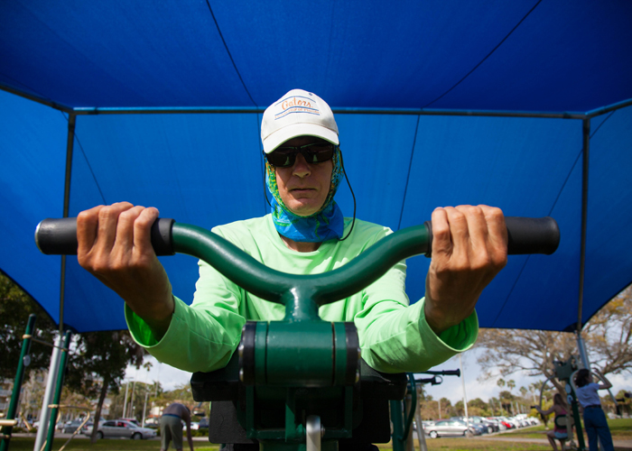 Dennis Smith, a St. Pete native works out at the free outdoor gym at Vinoy Park in downtown St. Petersburg.