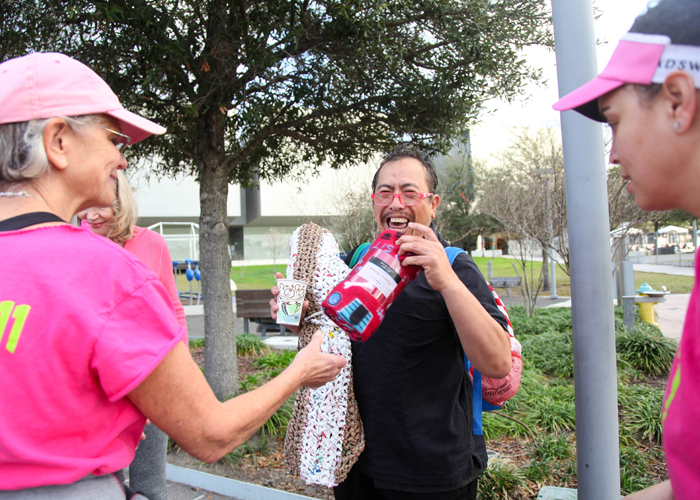 Dr. Sylvia Campbell gifts My Nguyen (who is homeless) coffee and a meal before he heads to work. "Wow, you never get random acts of kindness like this," he said. "It's rare these days." 