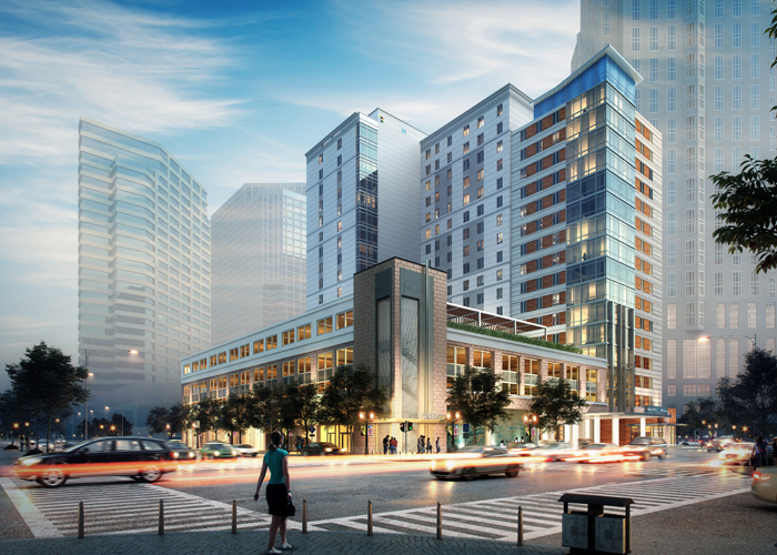 Renderings of the dual-branded Hyatt House and Hyatt Place that HRI Properties is developing in downtown Tampa.