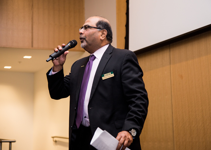 Dr. Sridhar Sundaram, dean of the USFSP Kate Tiedemann College of Business, addresses the crowd.