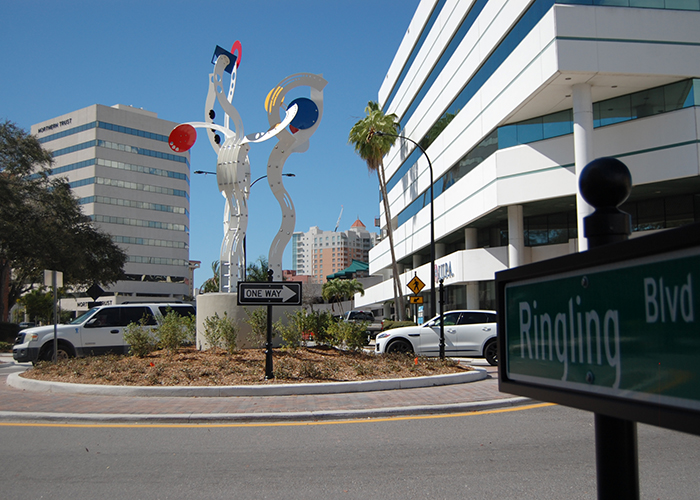 "Bravo!" by Jorge Blanco, a Sarasota-based artist from Venezuela, is at Orange Avenue and Ringling Boulevard.