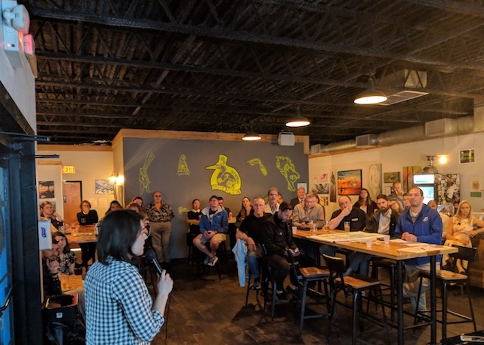 Ali Ankudowich with CNU addresses the crowd at Urbanism on Tap at Hidden Springs Ale Works.