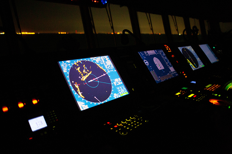 Navigation equipment on the bridge of a Chinese container ship.