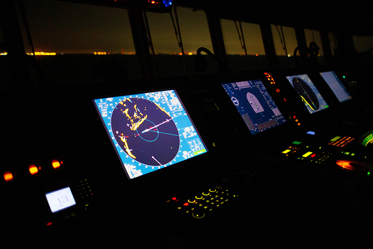Navigation equipment on the bridge of a Chinese container ship.