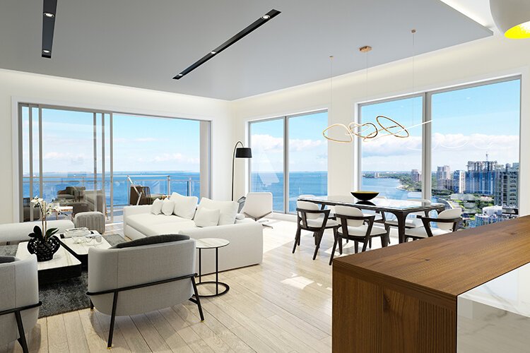 Rendering of a living room at Altura Bayshore.