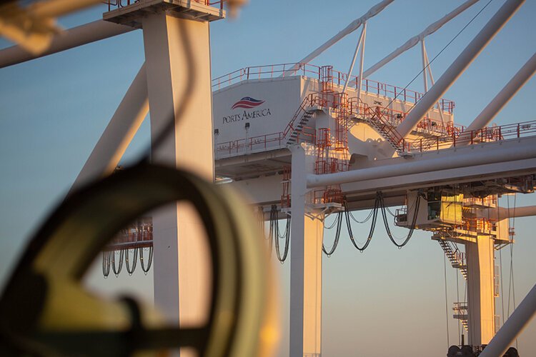 Through the bridge window as the boat docks at the Port of Tampa Container Terminal.