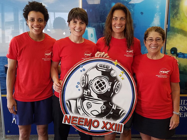 NEEMO 23 crewmembers (from left): Jessica Watkins, Samantha Cristoforetti, Csilla Ari D’Agostino, and Shirley Pomponi.