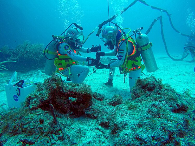 Csilla Ari D’Agostino and Jessica Watkins carefully remove a sample from a drill sample collection tool.