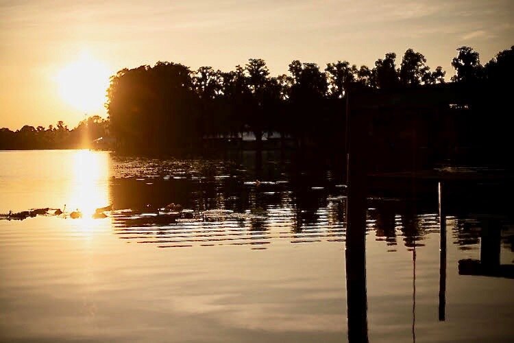 The sun sets over a mirrored pond on the Alpaca Ranch as the final tour of the day ends.