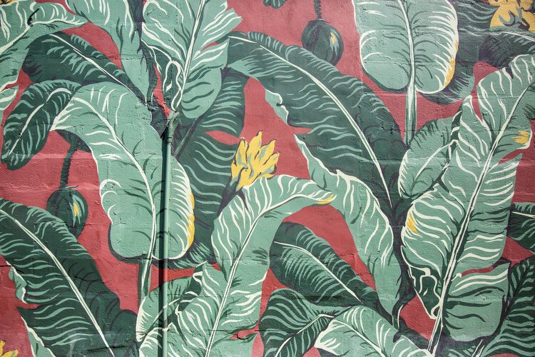 Banana leaves on the mural by Tada! commemorate the historical use of banana docks for import.