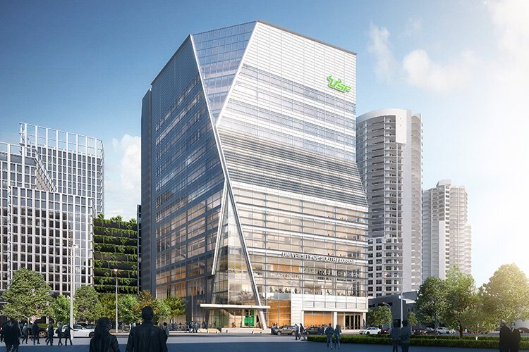 The USF Morsani College of Medicine and Heart Institute is a 13-story, glass, prism-like structure, under construction in the heart of the $3.5 billion Water Street Tampa development.