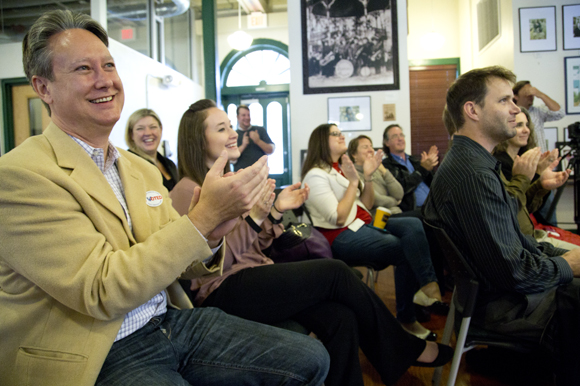 frank Wells applauds Shaun Hopper during an Office Concert. - Julie Branaman