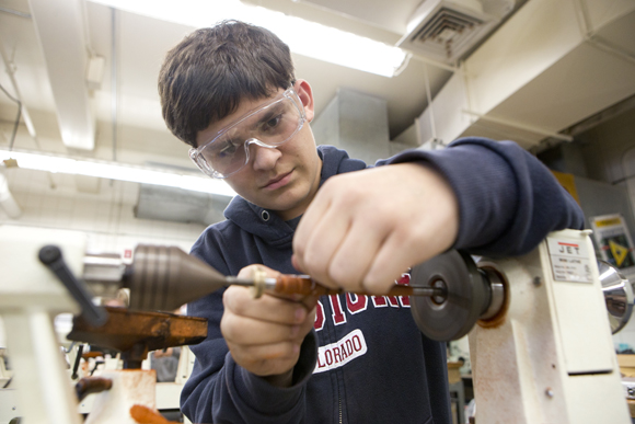 Alex Royball designs a pen in Jon Wahnish's class. 