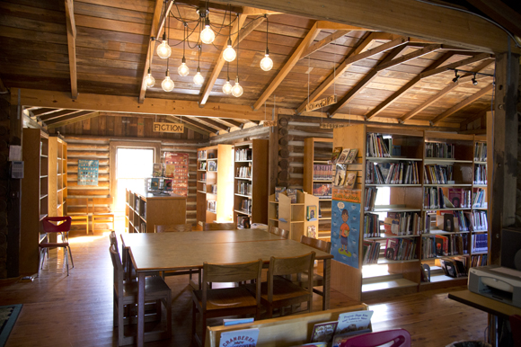 The library is a historic cabin built in Lutz in 1935 and gifted to the school. 