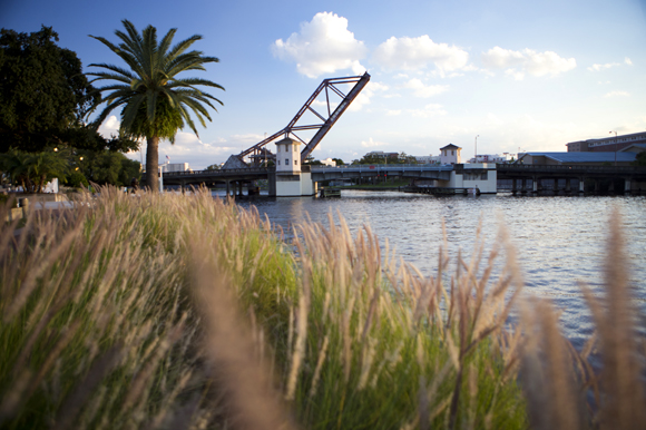 View from the Tampa Riverwalk near The Straz Center. 