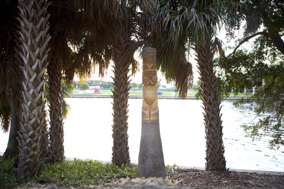 A newly constructed totem sits on the Riverwalk between The Straz Center and Ulele