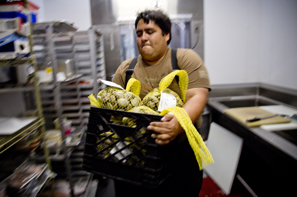 The clams are immediately moved to the walk-in cooler. 