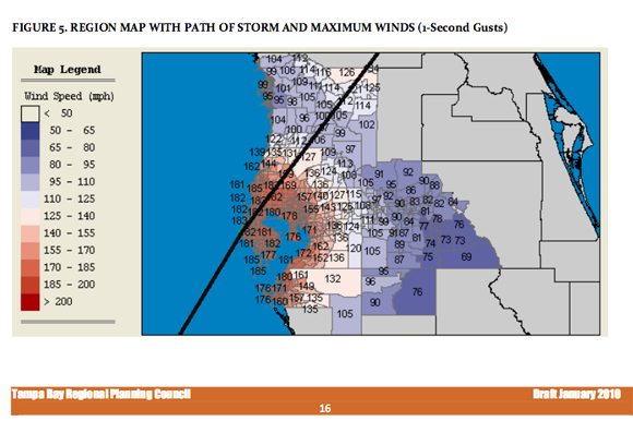 Region Map with path of hurricane and maximum sustained winds of Hurricane Phoenix. 