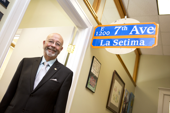 Councilman Charlie Miranda purchased this Ybor street sign at an auction. It now hangs above his office door.