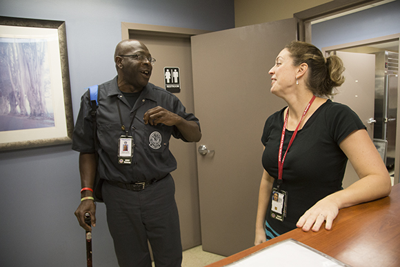 William Cooper says goodbye to Dr. Mary Dorritie at the Tampa VAMC domiciliary care facility. 