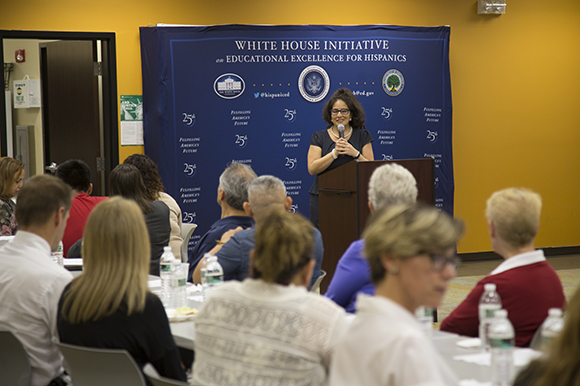 Delia Garcia, senior liaison, National Education Association, speaks at the White House Initiative on Educational Excellence for Hispanics event at H.C.C. in Ruskin. 