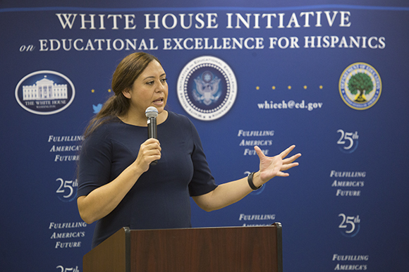 Alejandra Ceja, Executive Director of the White House Initiative on Educational Excellence for Hispanics speaks at the event held at H.C.C. in Ruskin.