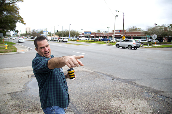 Joey Redner walks an average of seven miles a day. Here he discusses the route he sometimes takes along Westshore Blvd. 