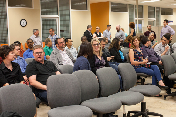 Students network during a Launchcode networking event at the Entrepreneur Collaborative Center.