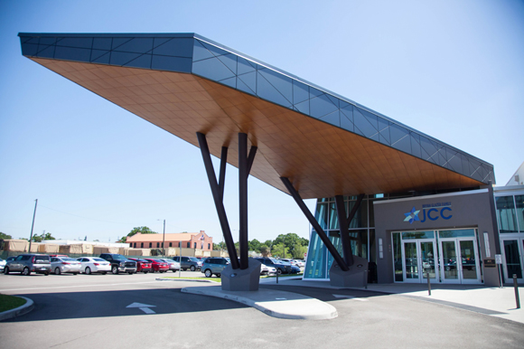 The entrance to the Bryan Glazer Family JCC, formerly the the Fort Homer W. Hesterly National Guard Armory. 