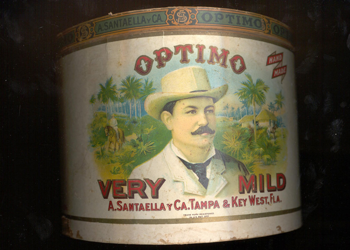 Santaella cigar tin - Optimo brand - featuring an image of Antonio Santaella.