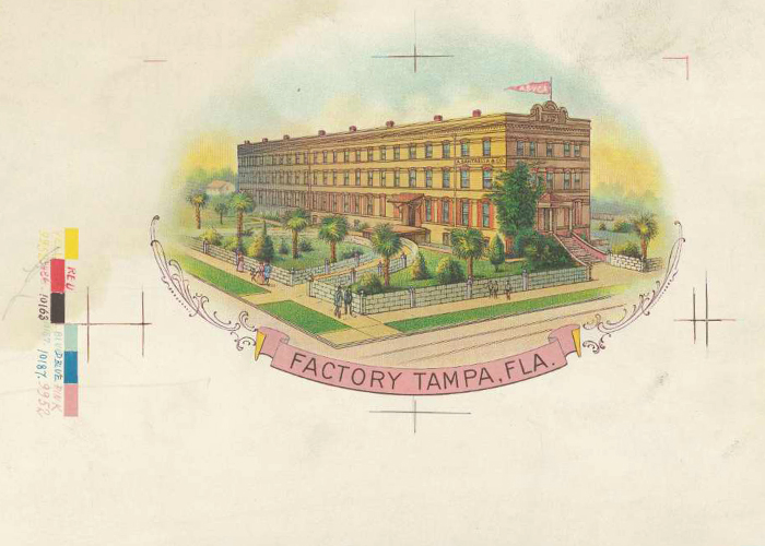 Cigar label proof featuring an image of the Santaella cigar factory.
