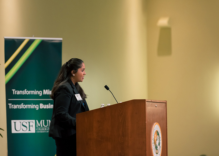 Nandini Agarwall speaks at Muma College of Business Scholarship Lunch.