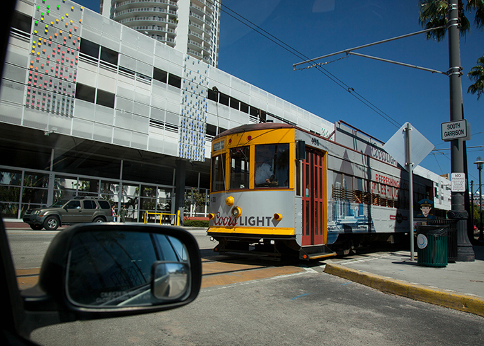 A trolley heads from the Channelside District to Ybor.