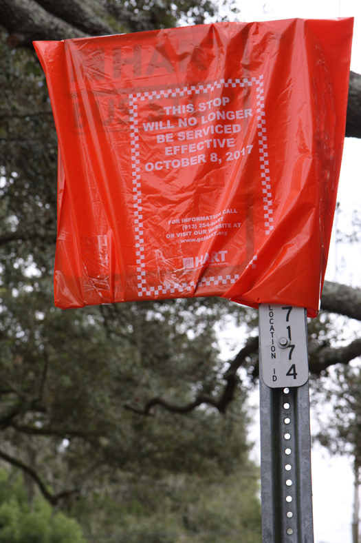 Orange bags like this one alert bus riders to impending changes.