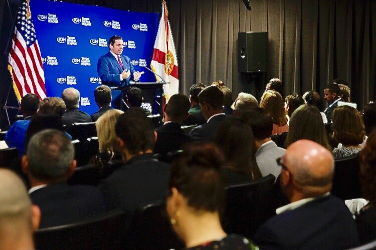 Gov. Ron DeSantis speaks during a press conference for Tampa General Hospital's unveiling of its new CareComm Command Center.