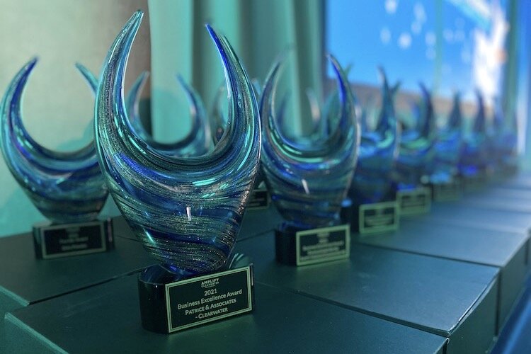 Some of the trophies given to Clearwater businesses during AMPLIFY Clearwater's annual awards ceremony in October 2021.