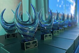 Some of the trophies given to Clearwater businesses during AMPLIFY Clearwater's annual awards ceremony in October 2021.
