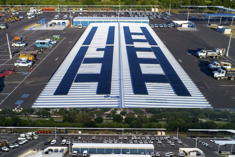 Aerial survey of one of Hillsborough County's numerous solar arrays, offsetting its carbon footprint by moving to clean energy.