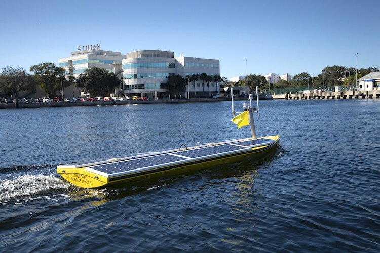 USF marine scientists recently launched their first mission to map Tampa Bay’s vulnerable coastal areas using a remotely operated ‘uncrewed’ vessel operated by SeaTrac, shown here.