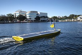 USF marine scientists recently launched their first mission to map Tampa Bay’s vulnerable coastal areas using a remotely operated ‘uncrewed’ vessel operated by SeaTrac, shown here.