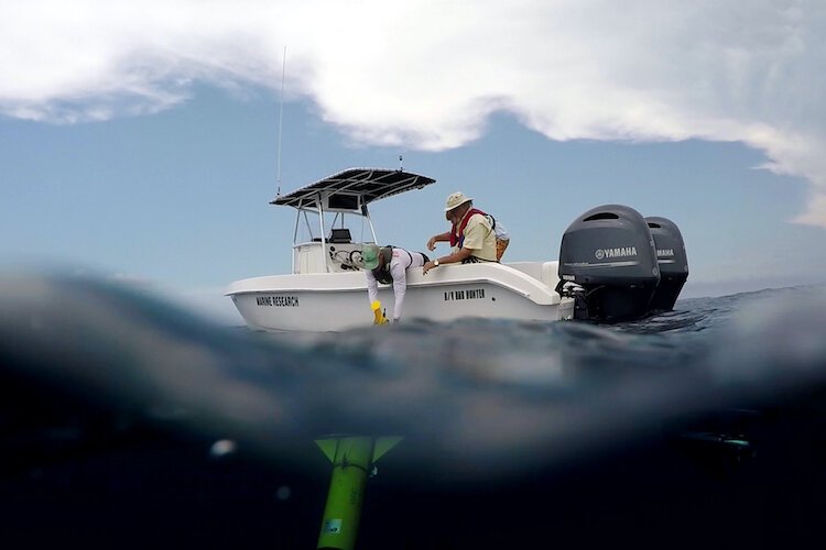 Steve Butcher from the USF College of Marine Science’s Ocean Technology Group assists Matt Garrett and Eric Muhlbach from FWC’s Fish and Wildlife Research Institute as they deploy a glider that helped explain the occurrence of red tide in 2018.