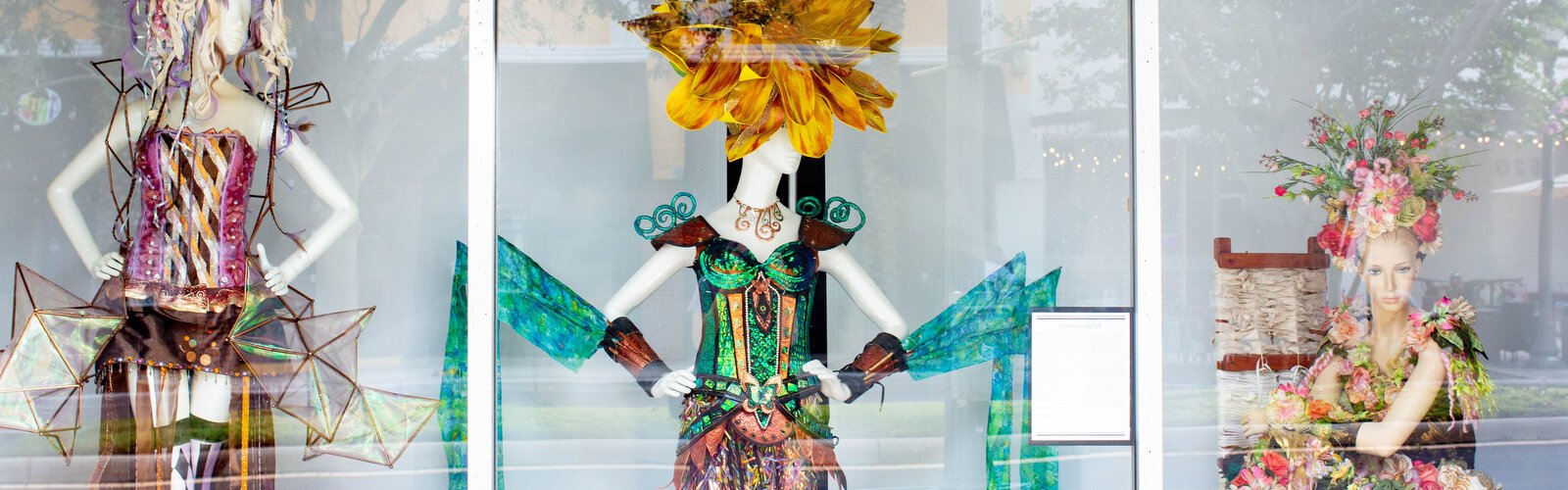 "Window Watching - The Wearable Art Series" on Cleveland Street in downtown Clearwater showcasing the work of Demiree Barth (left), Adrianne Butler, Bobbie Halverson and seven other area artists in vacant store fronts.