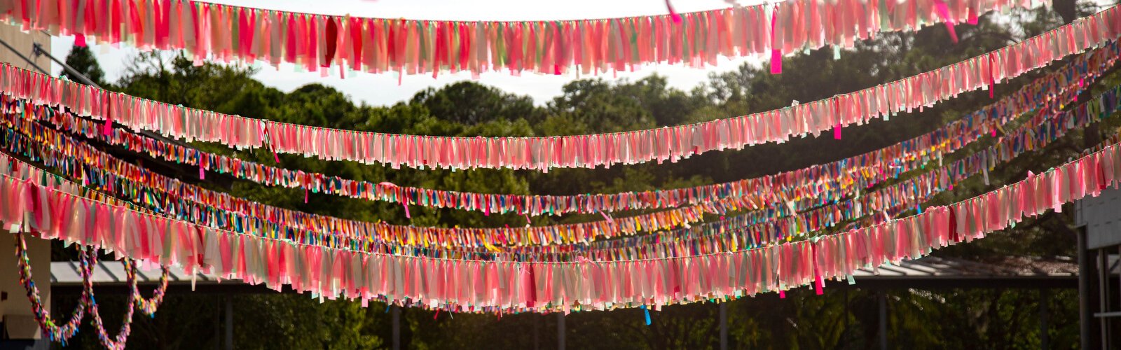 A COVID Ribbon Memorial created by Visual Artist Cathy Tobias hangs in the courtyard of Creative Pinellas in Largo to honor more than 53,000 people who have died from COVID-19 in Florida. Each ribbon represents one death.