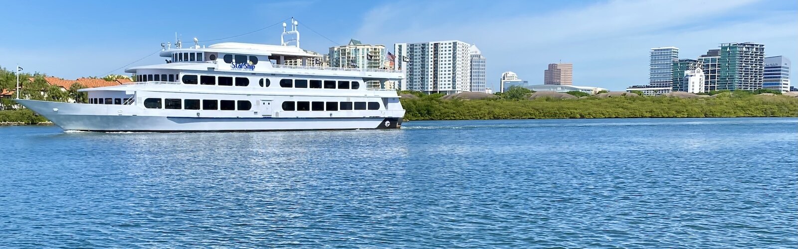 Yacht Starship sets sail out of downtown Tampa most evenings for a sunset dinner cruise.